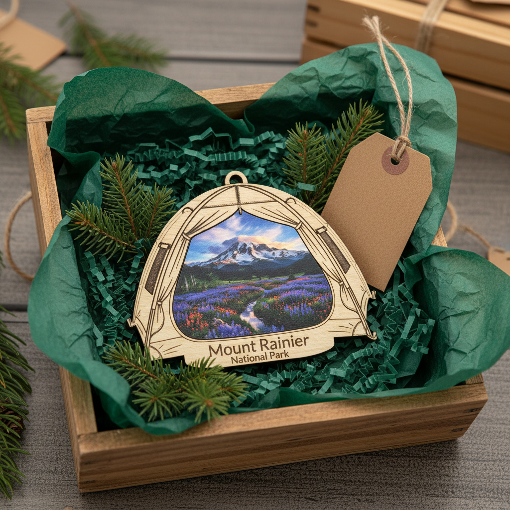 A decorative ornament shaped like a tent, featuring a scenic print of Mount Rainier National Park, presented in a wooden gift box with green tissue paper, pine branches, and a kraft paper tag.