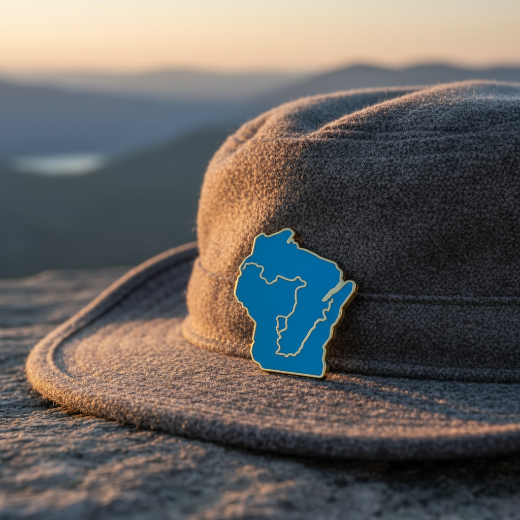 Brown hat with a blue Wisconsin ice age trail route pin against a mountainous landscape