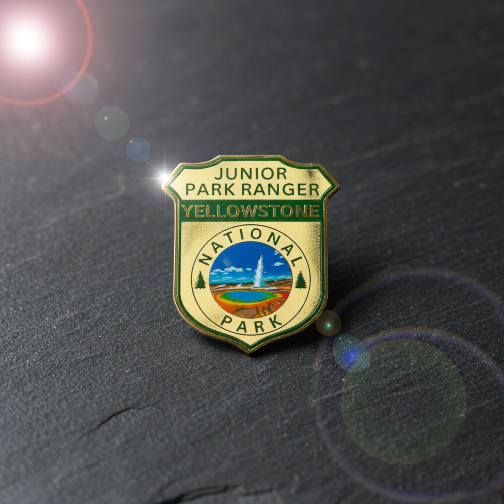 A shield-shaped brass pin for Junior Park Ranger Yellowstone National Park, featuring a green border, gold-toned background, and a colorful landscape emblem in the center, displayed on a dark textured slate surface.