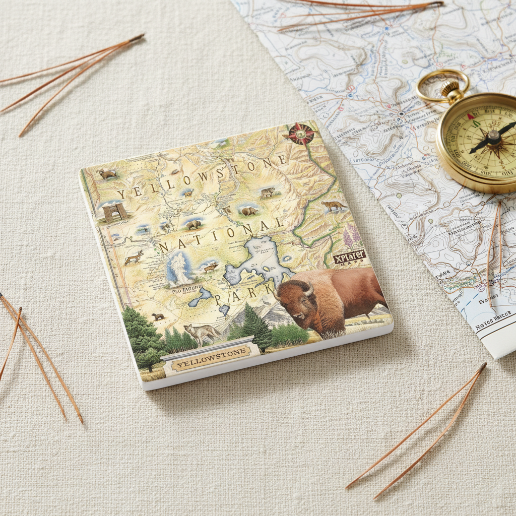 A square Yellowstone National Park map-themed notebook or book cover lies on a textured cream fabric surface, styled with a vintage map, a gold compass, and pine needles. The cover features a detailed illustrated map with a brown bison at the bottom.