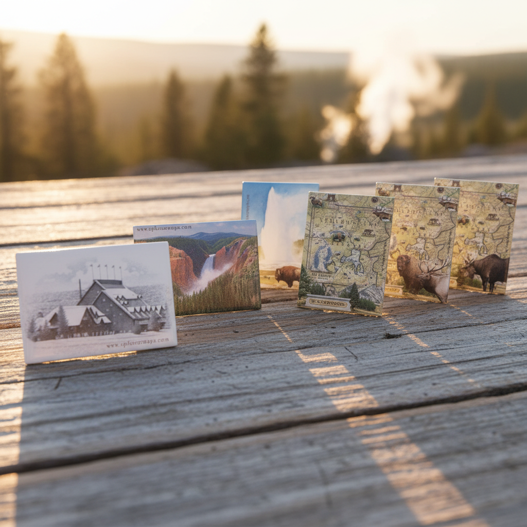 A set of magnets displayed on a weathered wooden table outdoors, with a blurred mountain and forest landscape in the background at sunset. The magnets show different scenic illustrations, including a cabin, a waterfall, and map-style wildlife scenes.
