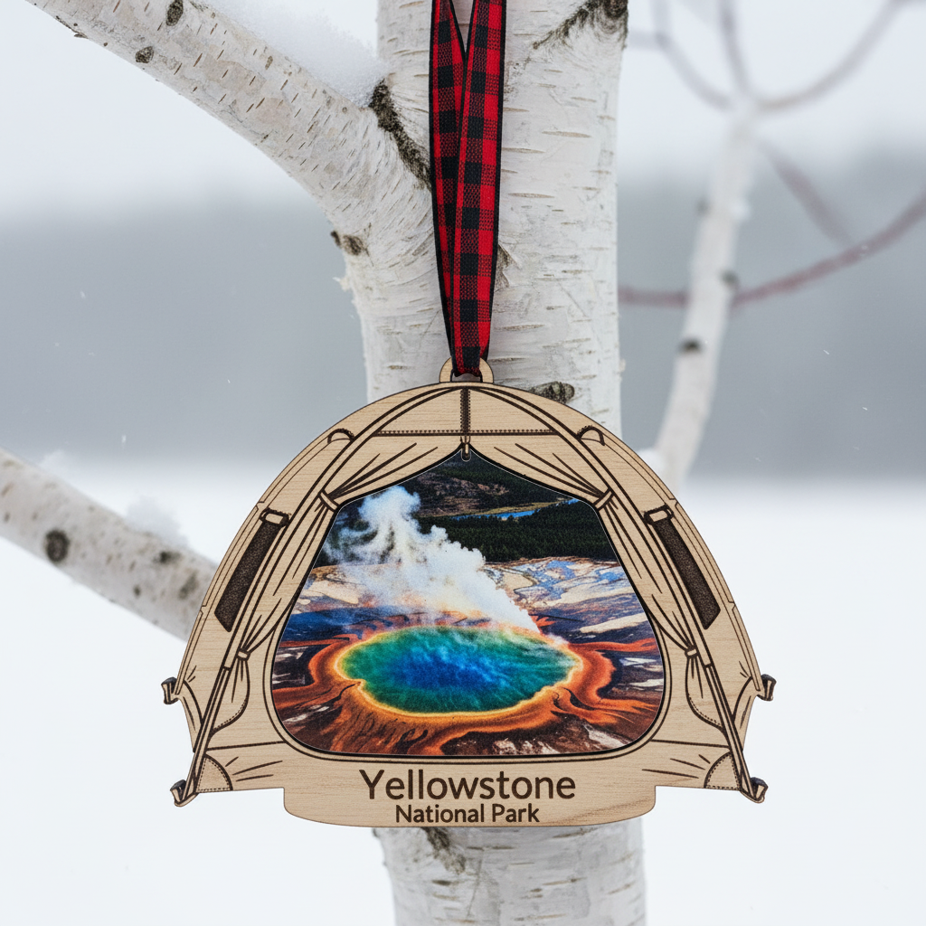 A wooden hanging ornament shaped like a tent, featuring a printed Yellowstone National Park hot spring scene and a red-and-black plaid ribbon, displayed on a birch tree in a snowy outdoor setting.
