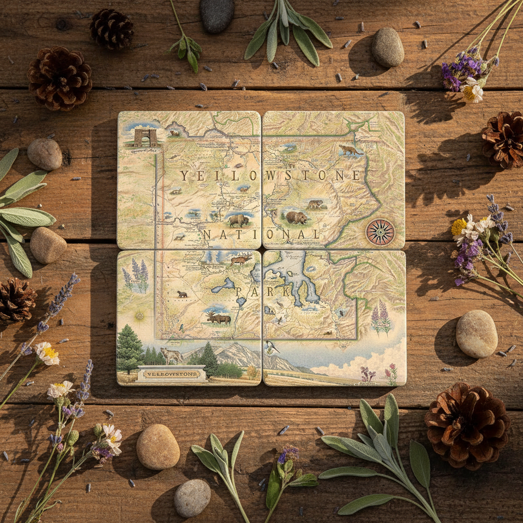 Four square ceramic coasters featuring vintage-style illustrated maps of Yellowstone National Park, arranged in a 2x2 grid on a rustic wooden surface surrounded by decorative stones, pinecones, and dried flowers.