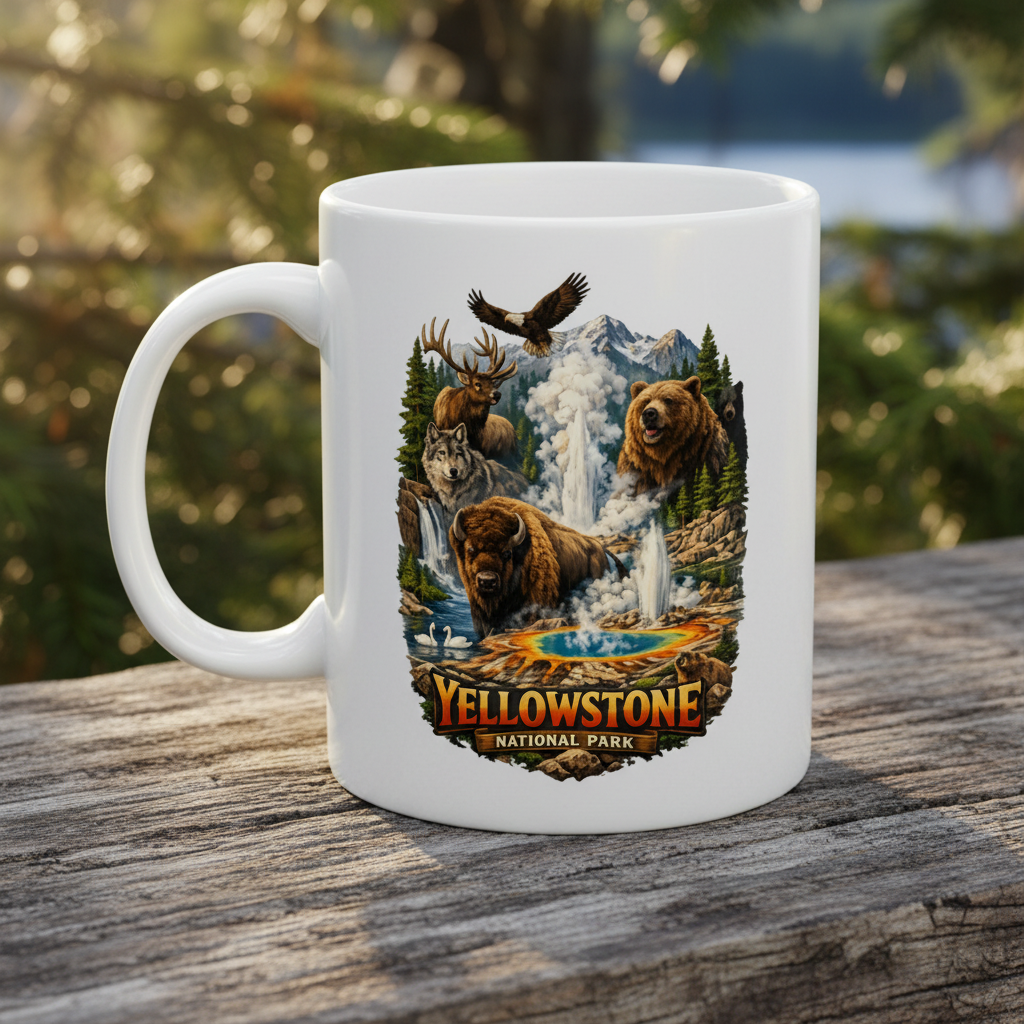 Yellowstone Wildlife Mug on rustic wood with evergreen background