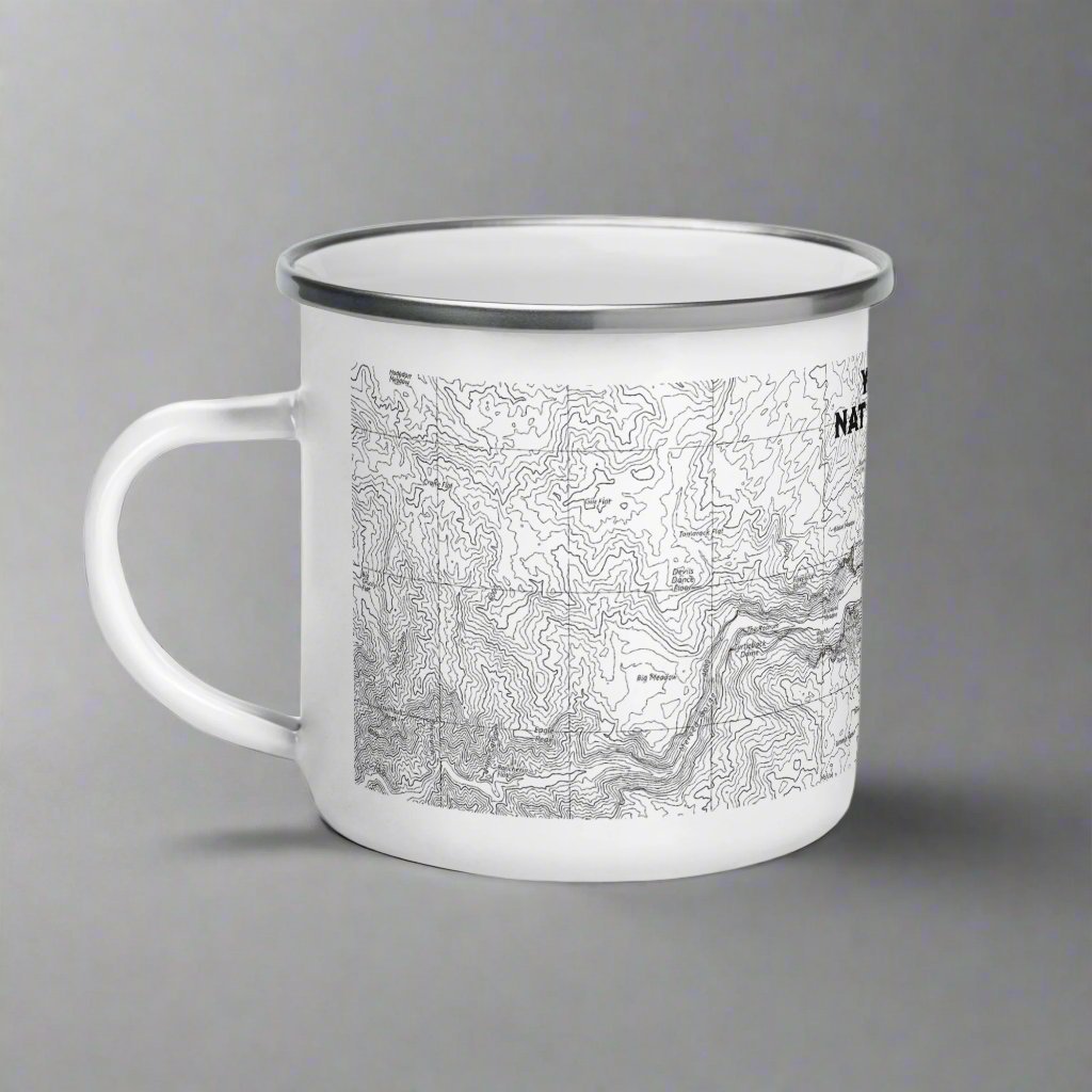 Side view of the Yosemite national Park topographic map camping mug on a gray background