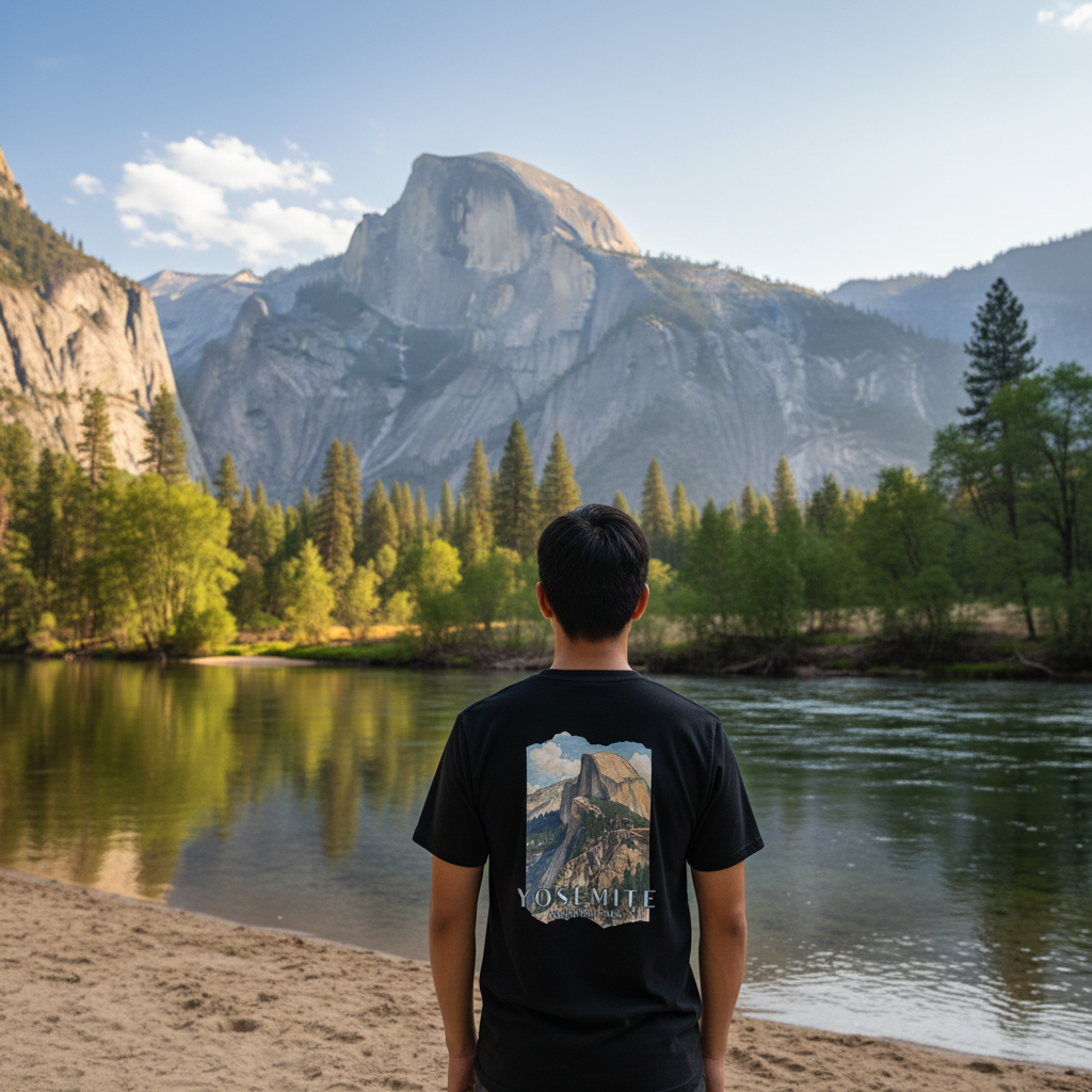 Person wearing a black t-shirt with a Yosemite design standing on a beach with mountains and trees in the background.