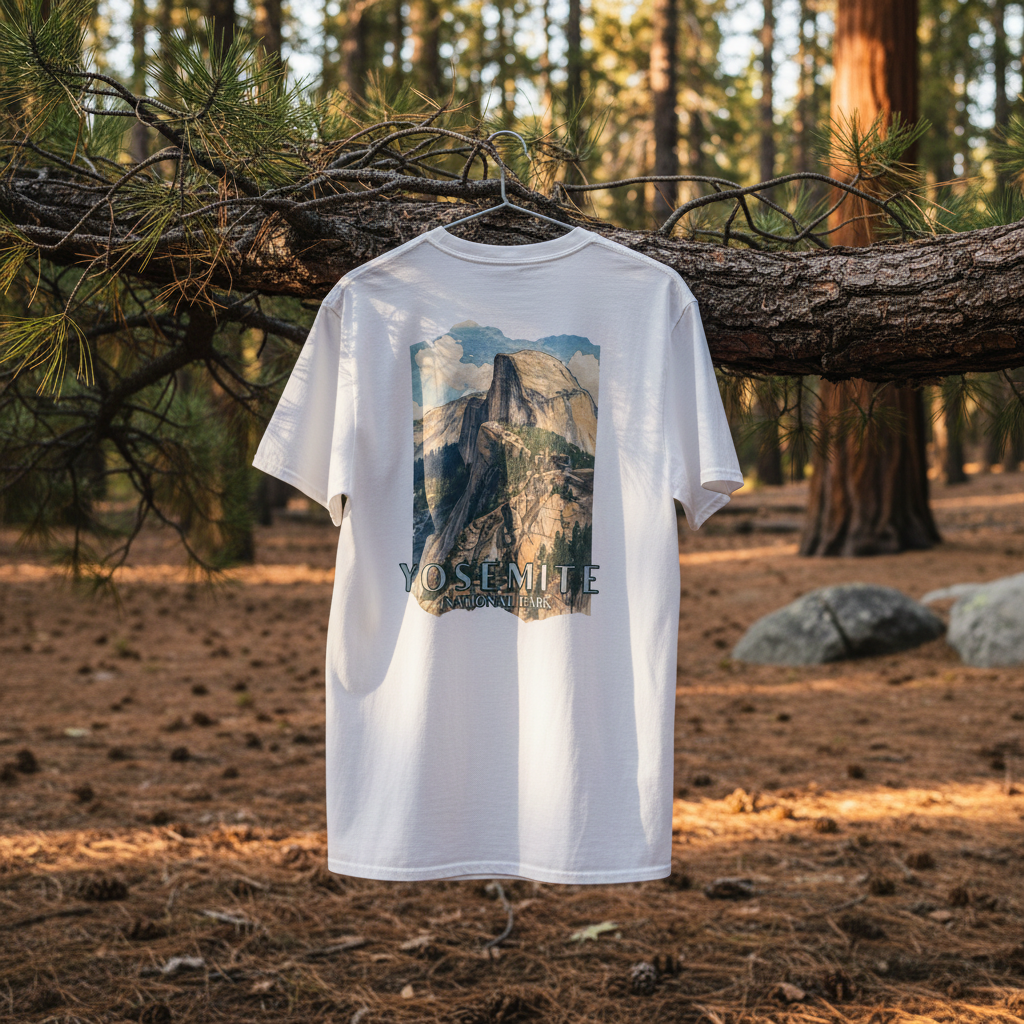 White tshirt with Yosemite National Park design hanging from a tree in the forest.