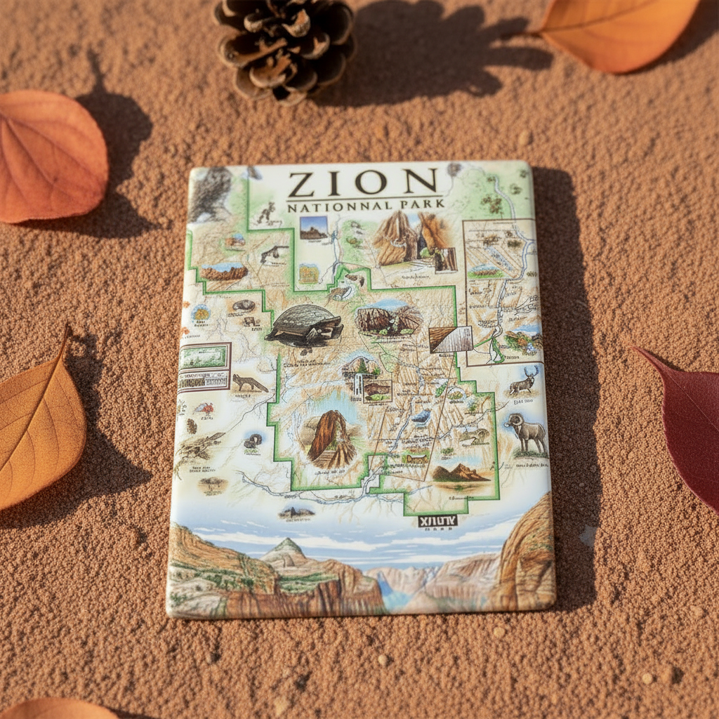 A rectangular magnet titled "ZION NATIONAL PARK" lies on sandy ground outdoors, surrounded by autumn leaves and a pine cone. The design shows illustrated scenic landmarks and labels in soft green, beige, brown, and blue tones.