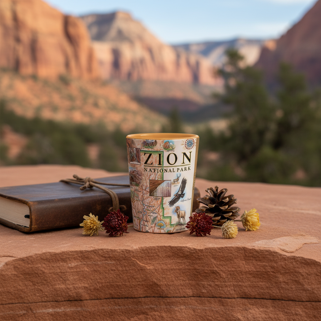 A cylindrical shot glass labeled 'ZION NATIONAL PARK' stands on a red rock surface outdoors, with a blurred desert canyon landscape in the background. A brown book, pinecones, and small dried flowers are placed beside it as styled props.