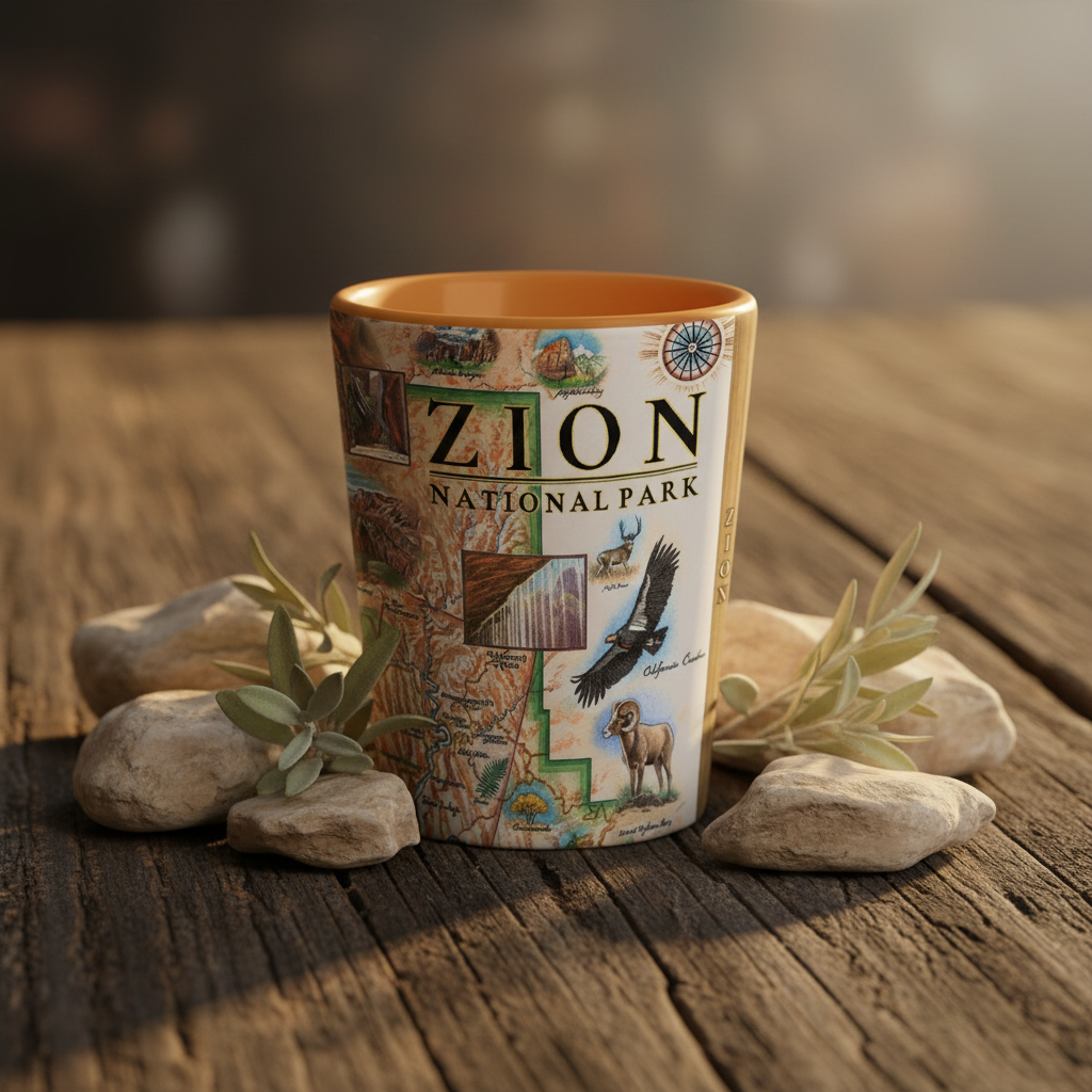 A ceramic shot glass printed with Zion National Park artwork, including a large 'ZION NATIONAL PARK' sign, map details, a bird, and a deer, styled on a rustic wooden surface with small stones and greenery.